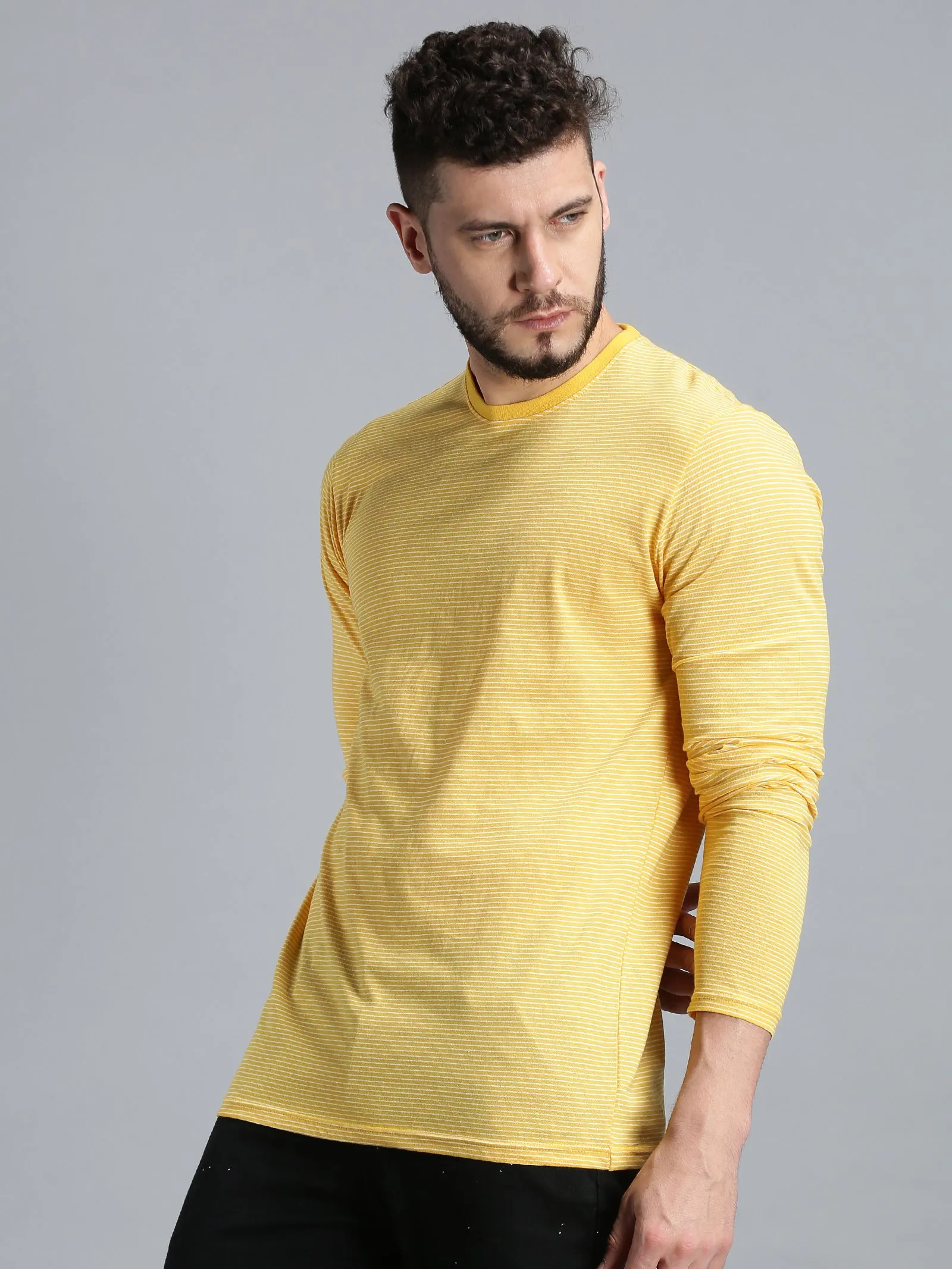 Men Yellow White Yarn Dyed Stripes Round Neck Recycled Cotton Full Sleeve Regular Fit Casual T-Shirt