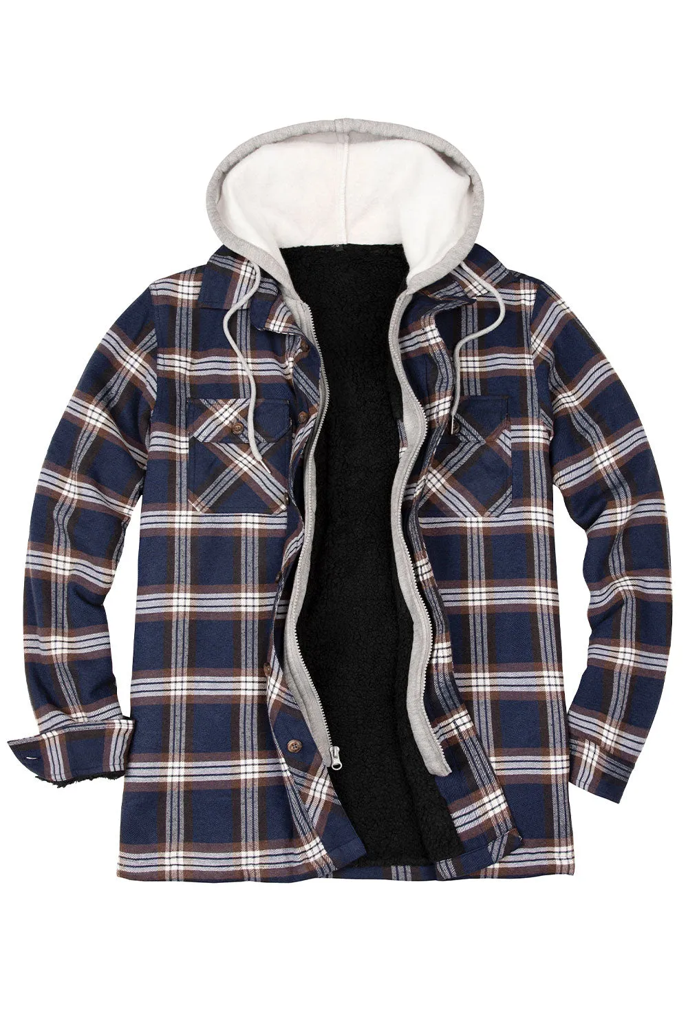 Men's Fuzzy Sherpa Lined Zip Up Plaid Flannel Shirt Jacket with Hood