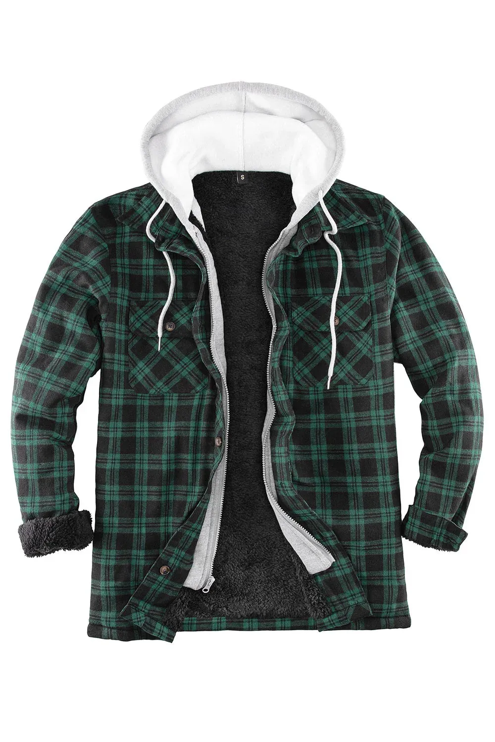 Men's Fuzzy Sherpa Lined Zip Up Plaid Flannel Shirt Jacket with Hood