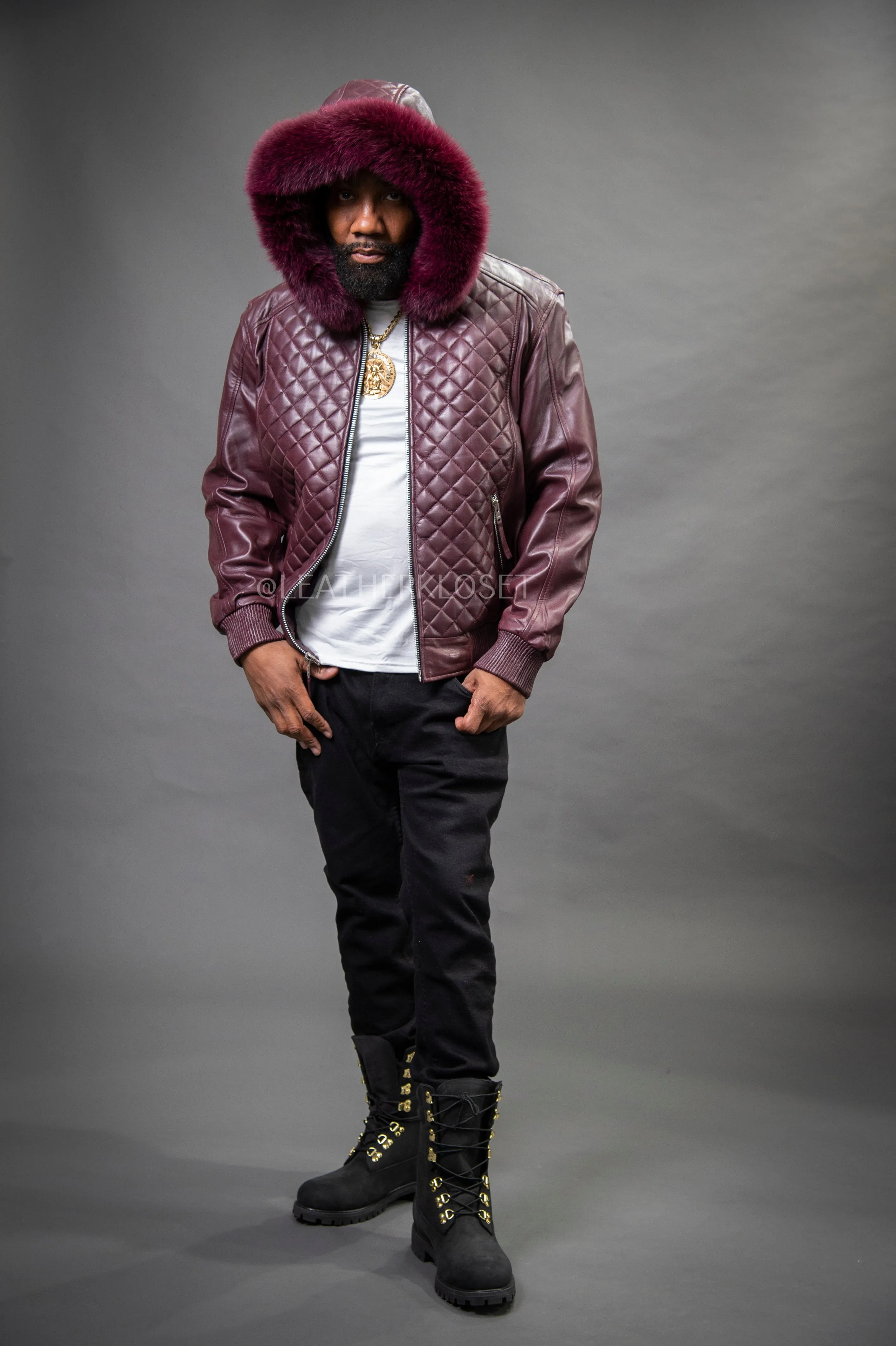 Men's Lucas Quilted Leather Bomber Jacket With Fox Hood [Wine]