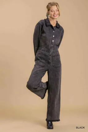 Mid button down stone wash wide leg distressed jumpsuit & side pockets with no