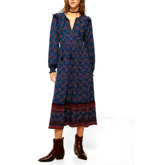 Midi Flower Border Dress Dark Blue