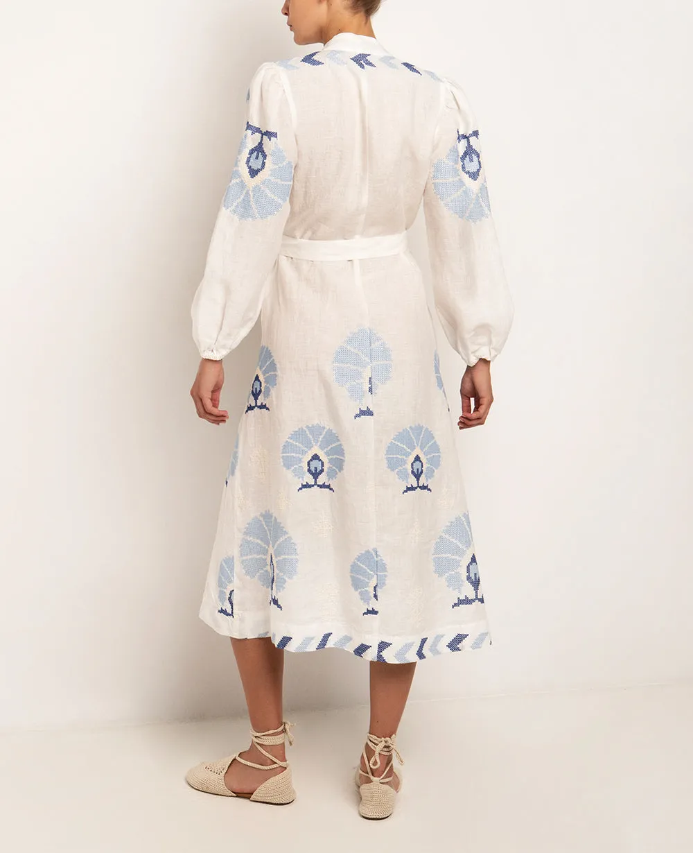 MIDI LINEN DRESS "MINI PEACOCKS"