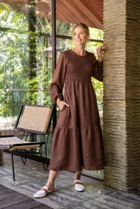 Minden Linen Shirred Long Sleeve Dress in Raisin