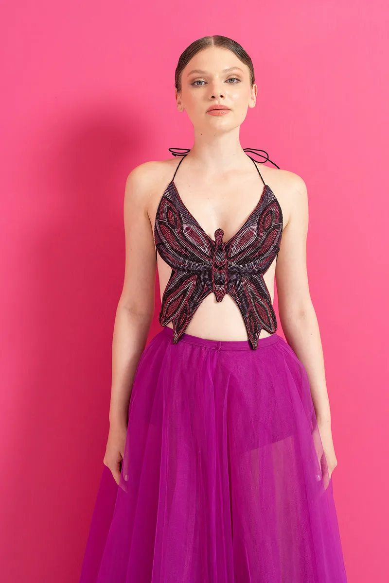 Monarch Y2K Rhinestone Butterfly Halter Crop Top - Pink