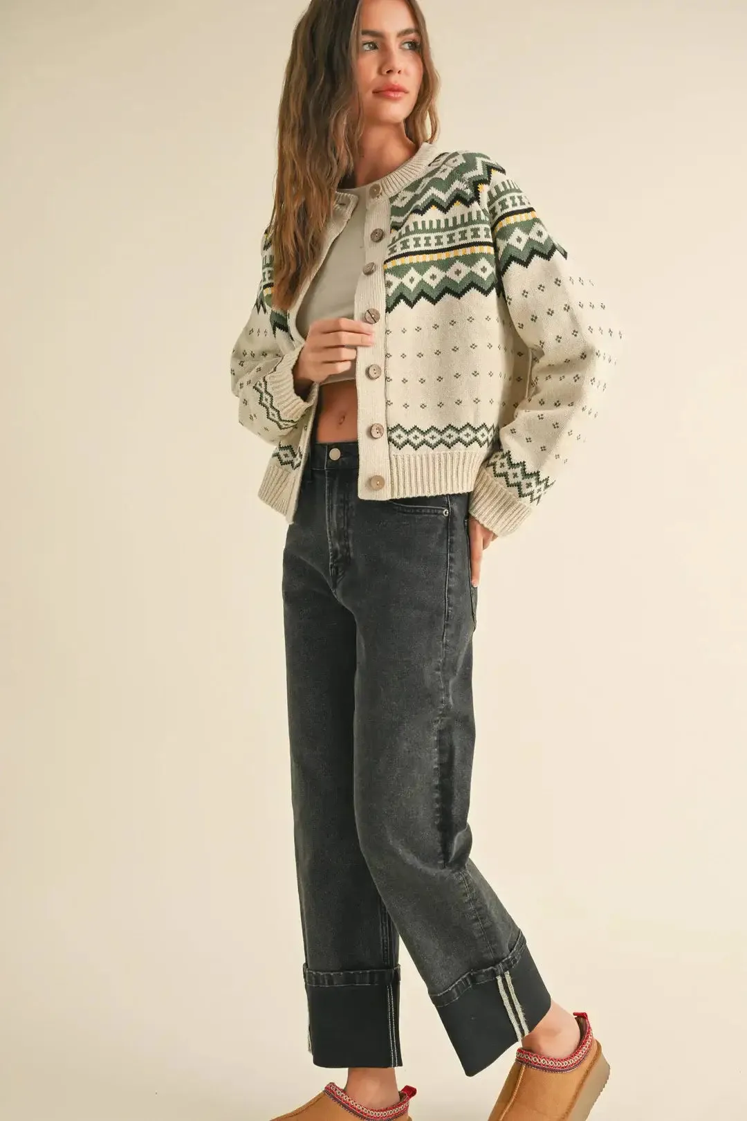 MULTI PATTERN BUTTON FRONT SWEATER CARDIGAN