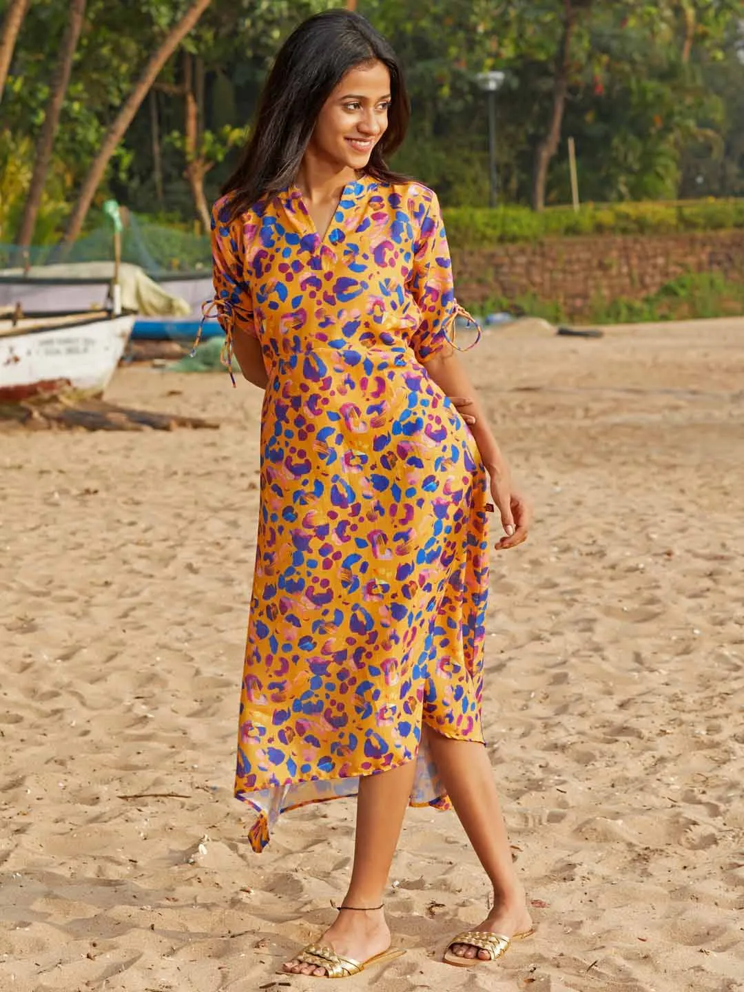 Mustard Print Cotton Blend A-Line With Up-Down Hem Midi Dress