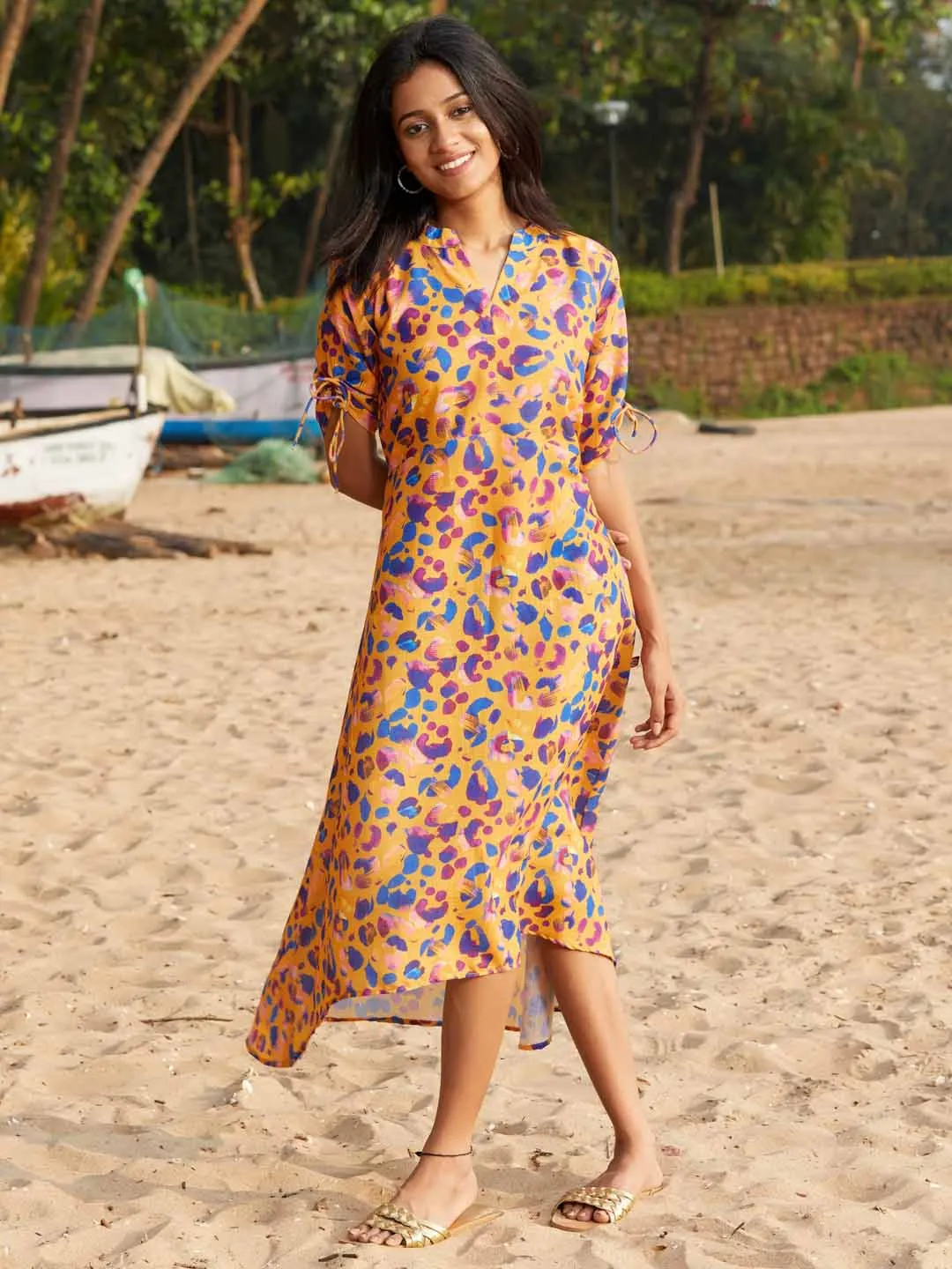 Mustard Print Cotton Blend A-Line With Up-Down Hem Midi Dress