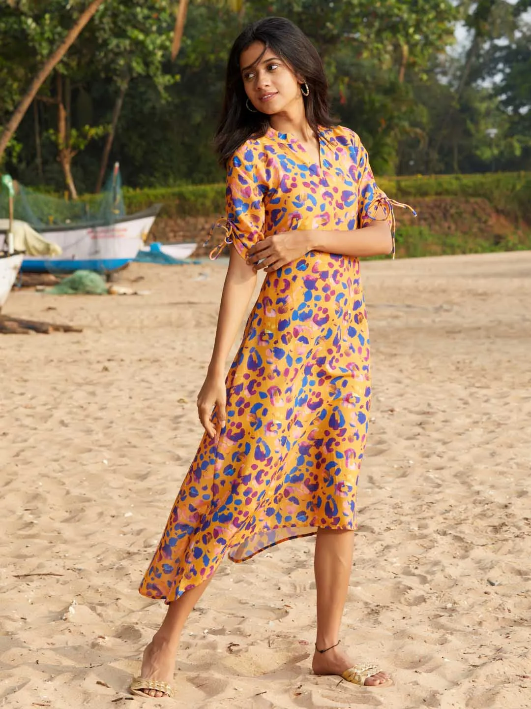 Mustard Print Cotton Blend A-Line With Up-Down Hem Midi Dress