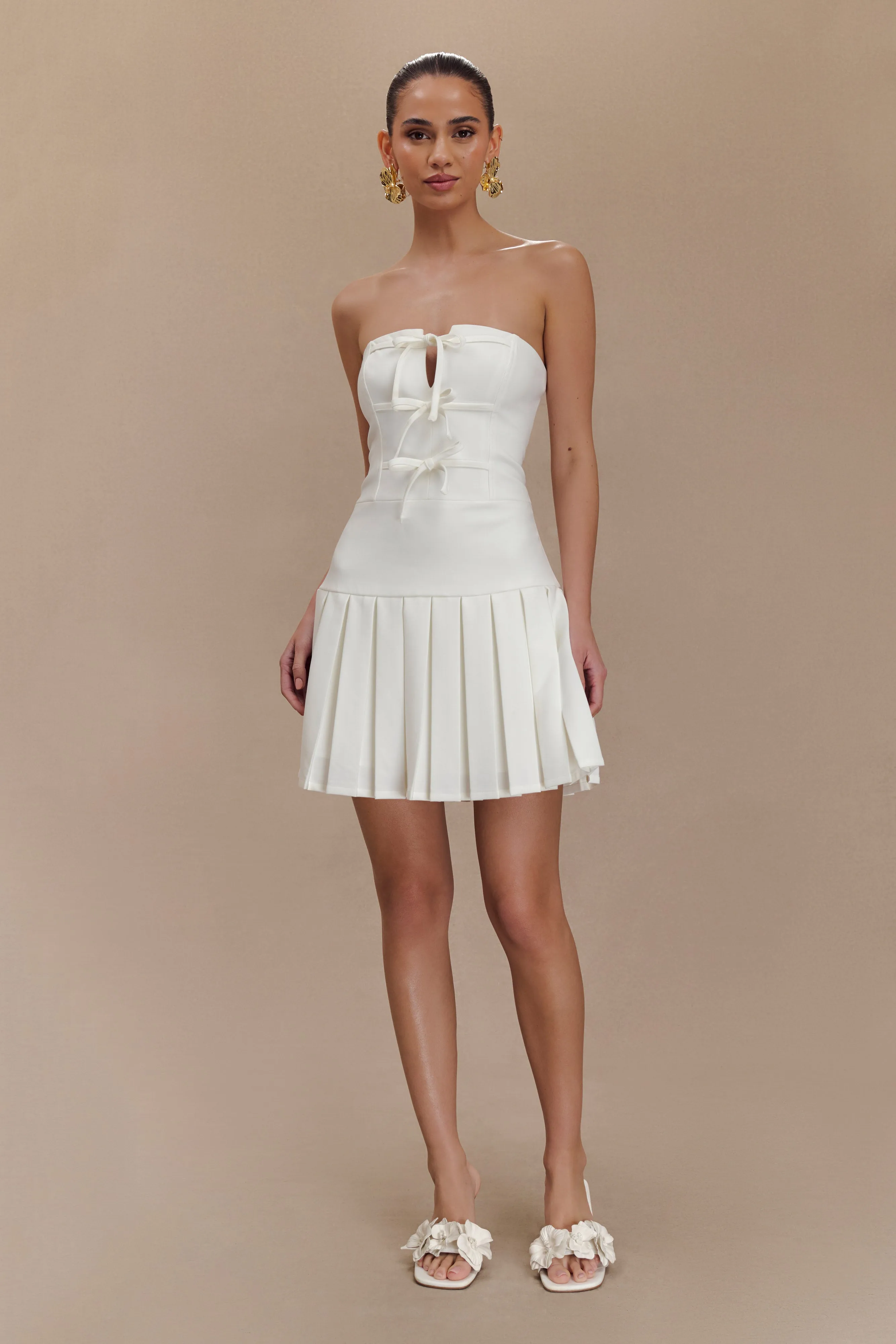 Naya Pleated Mini Dress With Ties - White