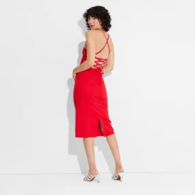 New - Women's Linen Lace Back Midi Dress - Wild Fable Red 00