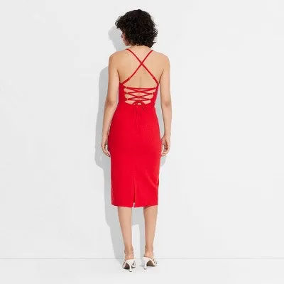 New - Women's Linen Lace Back Midi Dress - Wild Fable Red 00