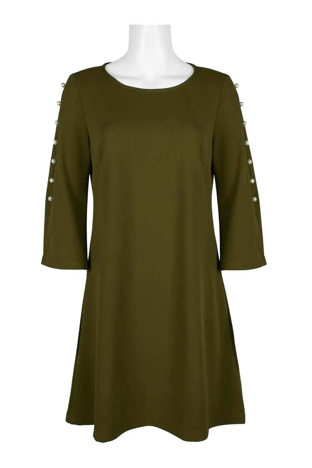 Nina Leonard Scoop Neck Embellished Long Sleeve Solid Stretch Crepe Dress