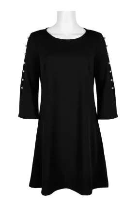 Nina Leonard Scoop Neck Embellished Long Sleeve Solid Stretch Crepe Dress