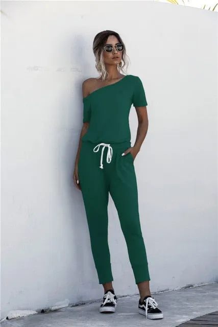 Oblique Collar Short Sleeve Mid Waist Slim Jumpsuits