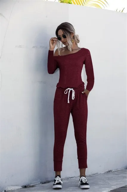 Oblique Collar Short Sleeve Mid Waist Slim Jumpsuits