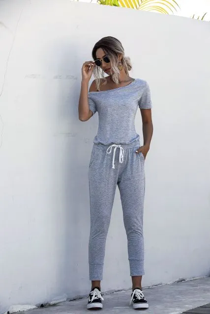 Oblique Collar Short Sleeve Mid Waist Slim Jumpsuits