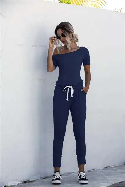 Oblique Collar Short Sleeve Mid Waist Slim Jumpsuits