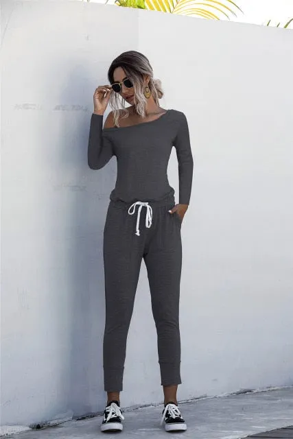 Oblique Collar Short Sleeve Mid Waist Slim Jumpsuits