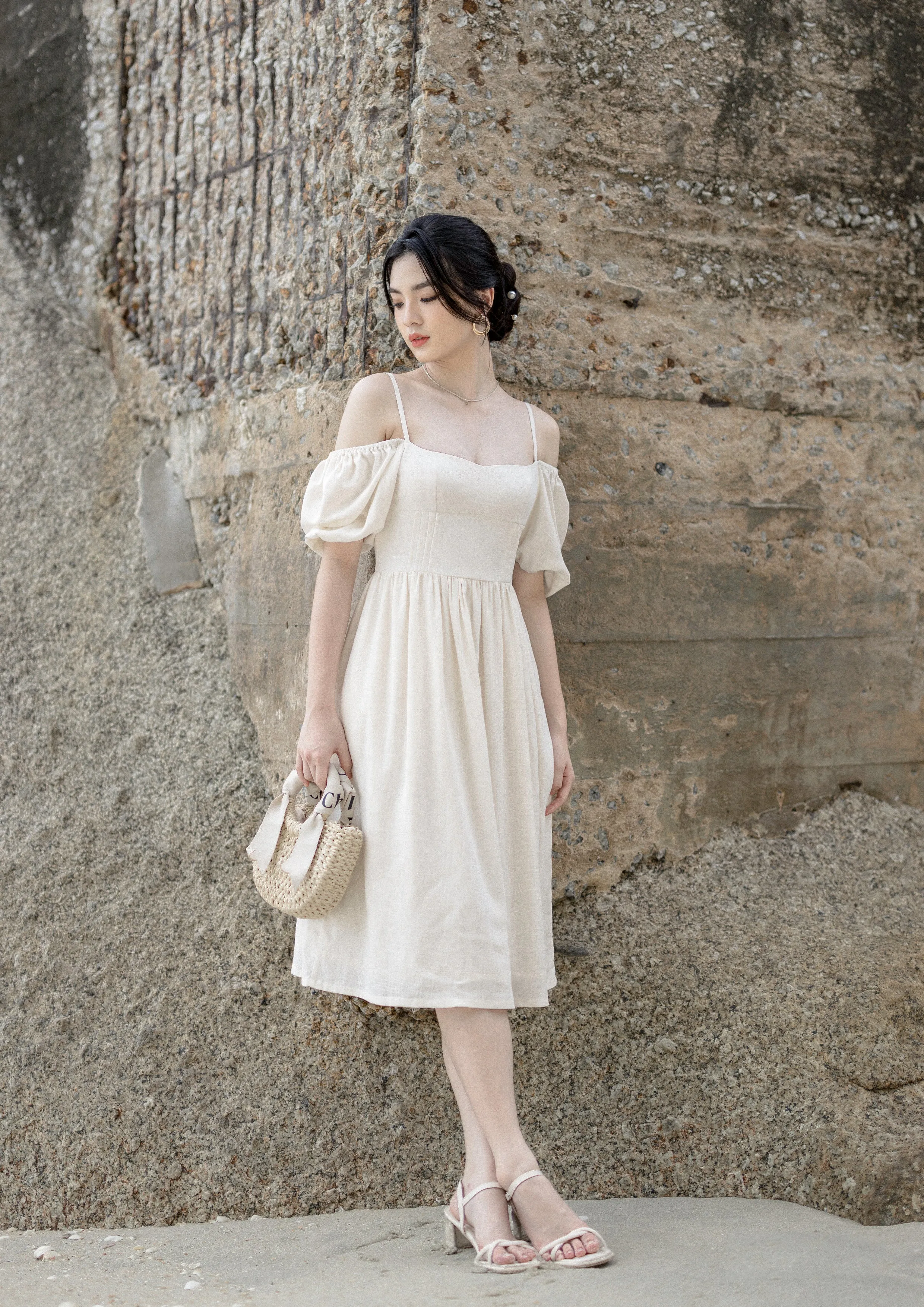 Olene Puff Sleeve Midi Dress - Cream