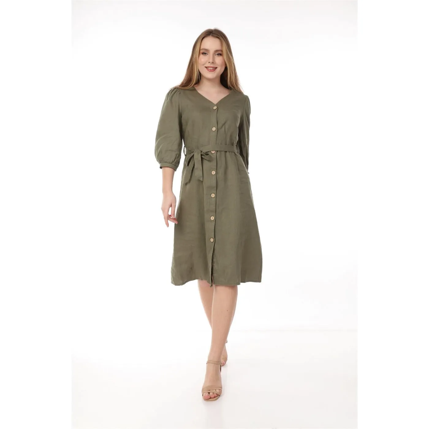 Olive Buttoned Linen Dress