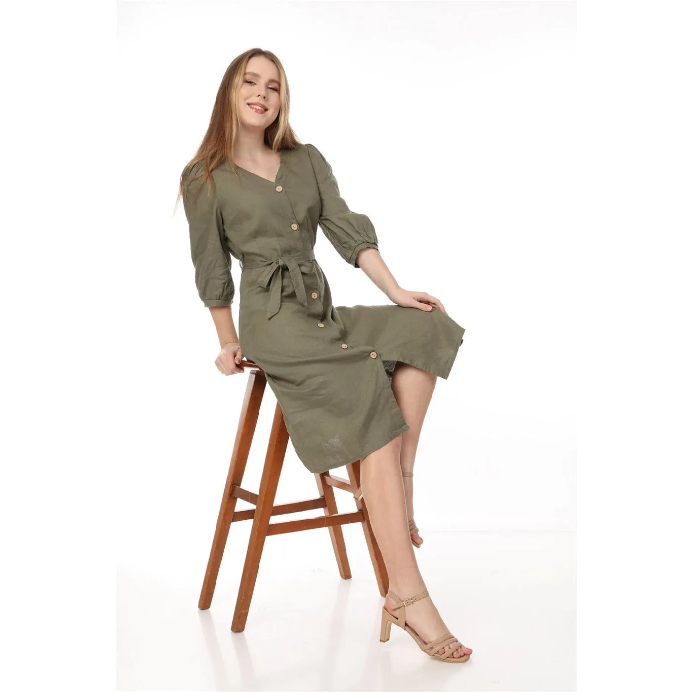 Olive Buttoned Linen Dress