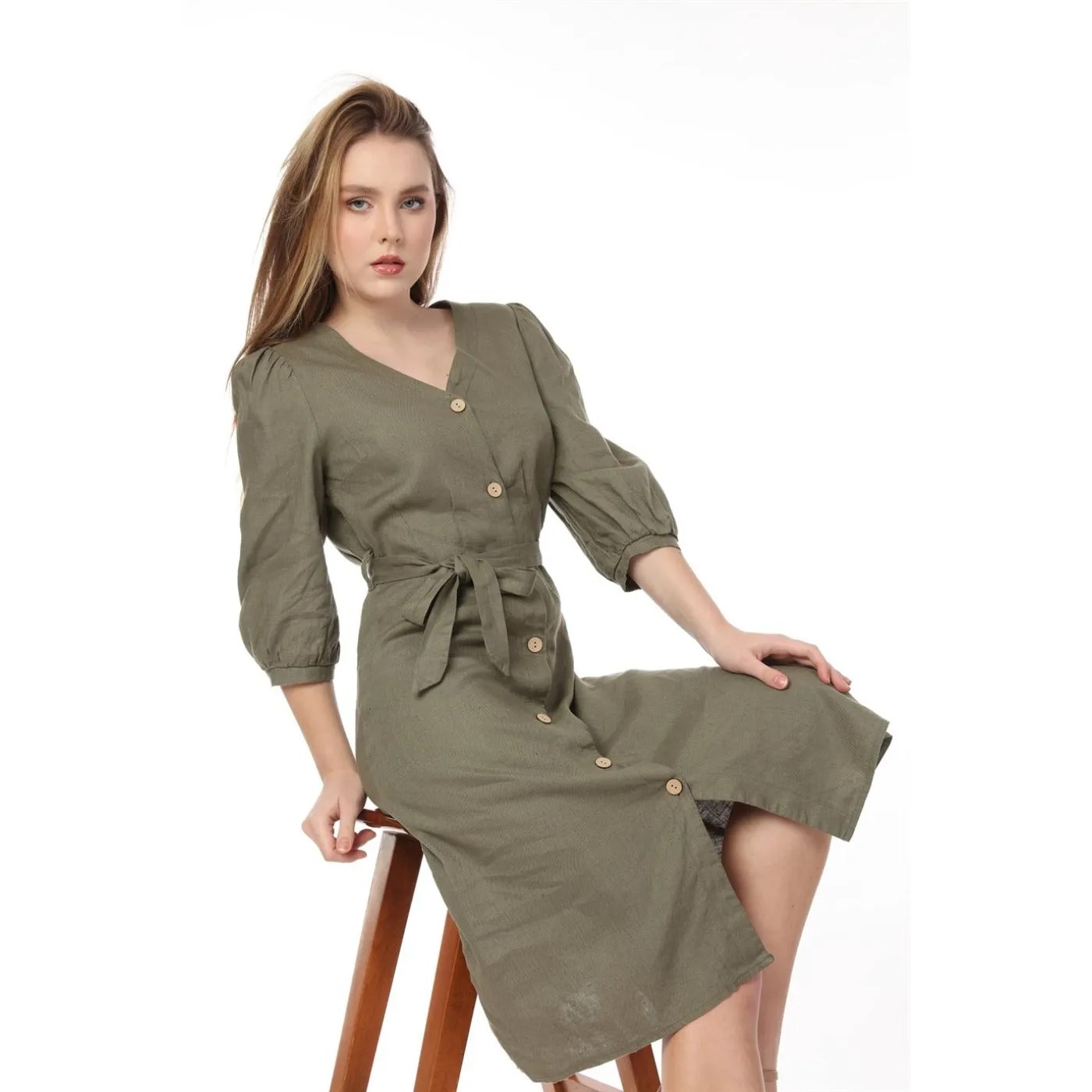 Olive Buttoned Linen Dress