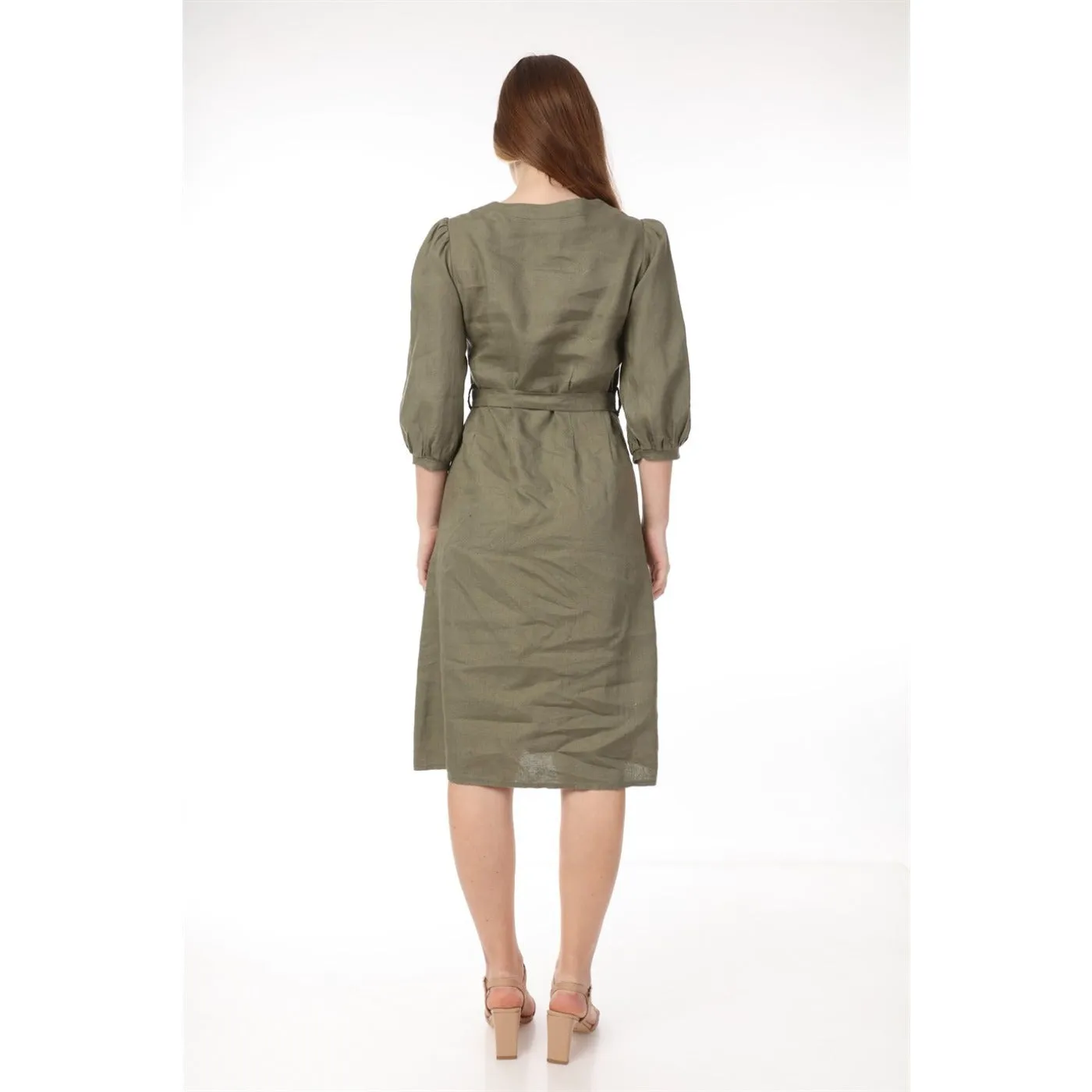 Olive Buttoned Linen Dress