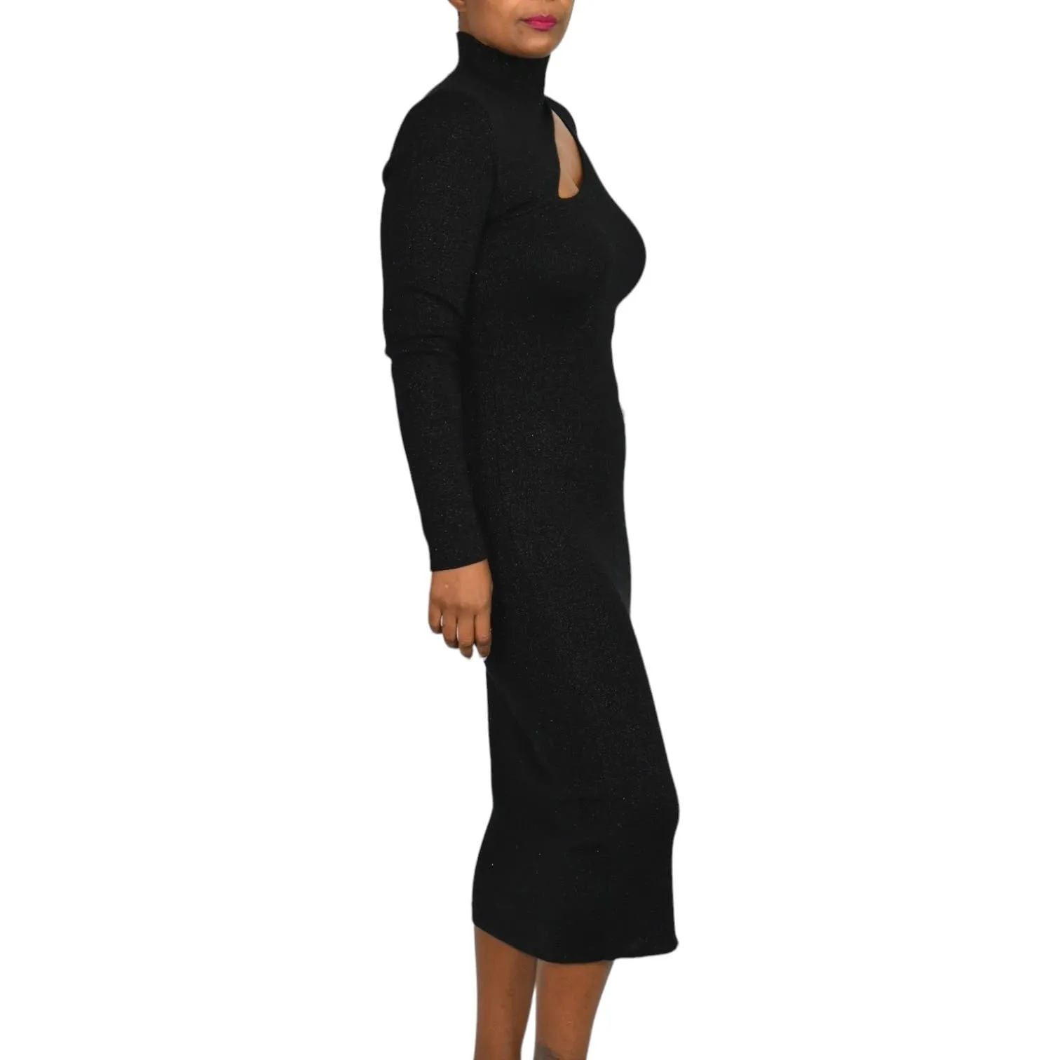 Opt Gertie Knit Sweater Dress Black Turtleneck SweaterDress Shimmer Knit Midi Column Cutout Size Small