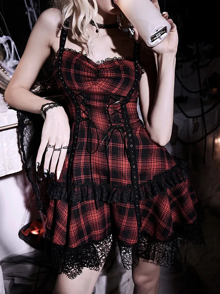 Plaid Gothic Red Vintage Slip Dress Lace Trim Backless Mini Dress