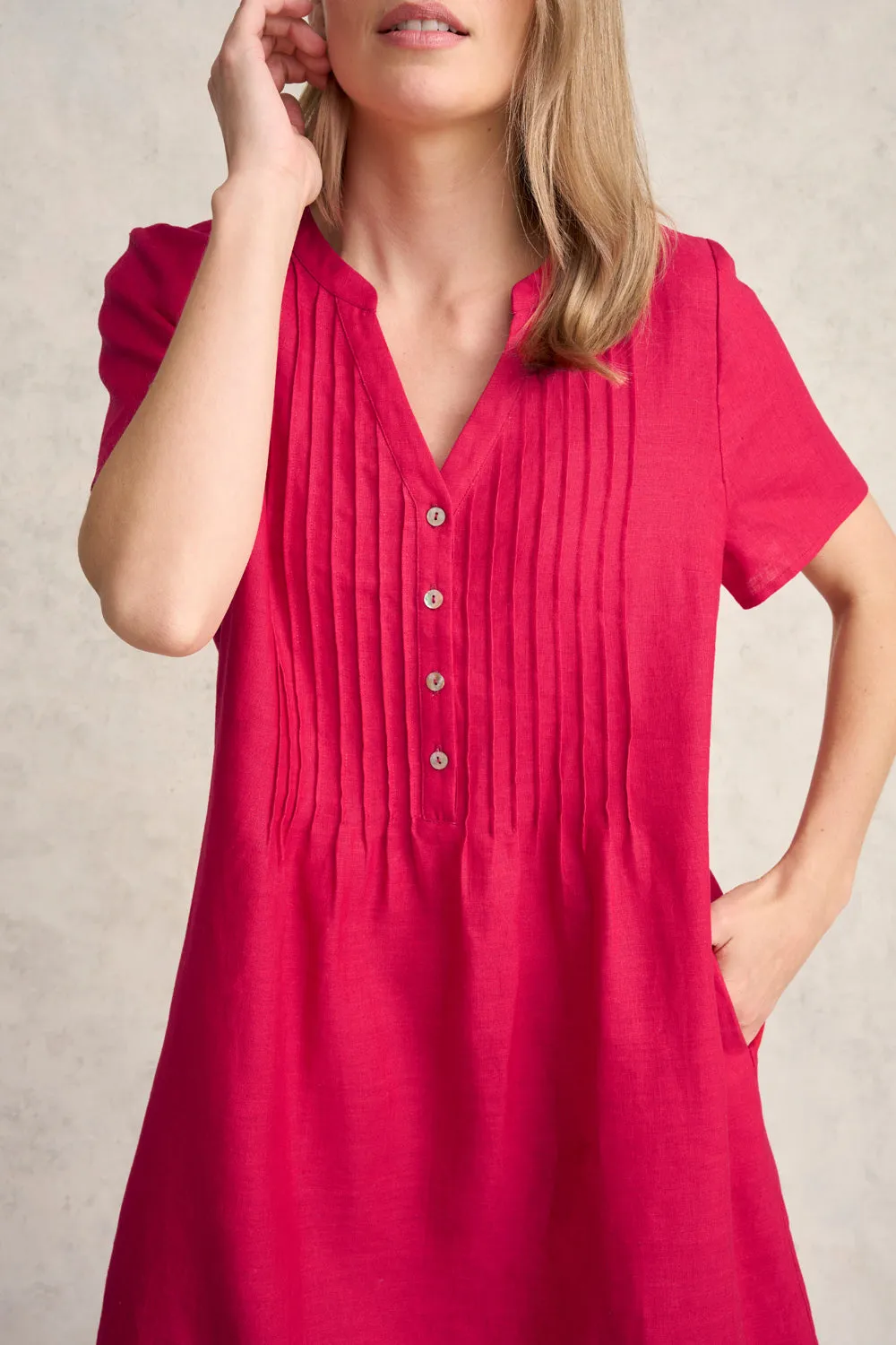 Pleated Front French Linen Dress - Rouge