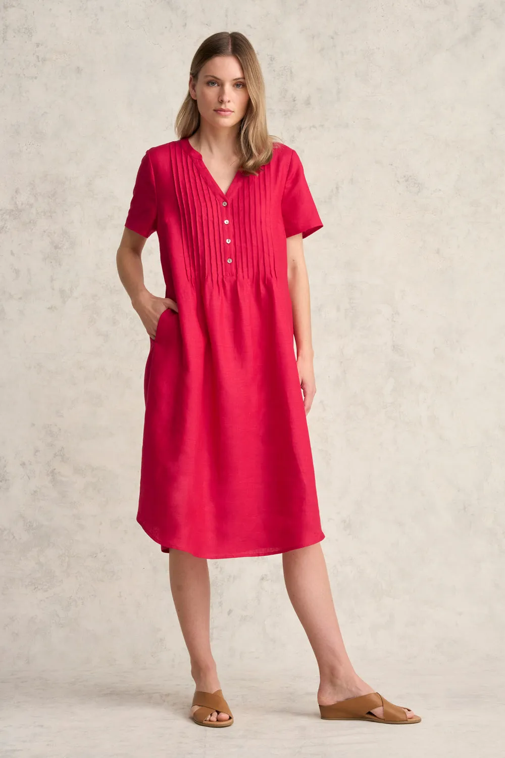 Pleated Front French Linen Dress - Rouge