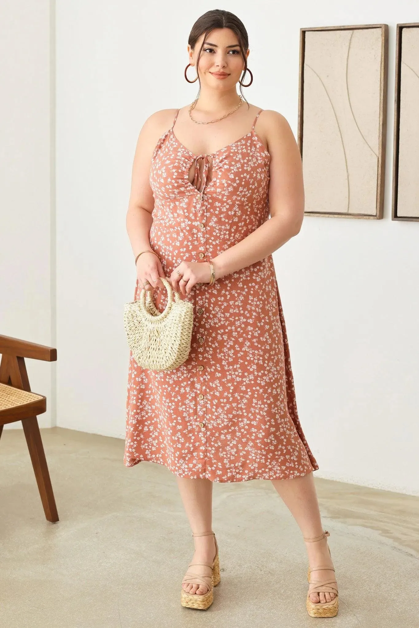 Plus Size Boho Floral buttoned Midi Dress