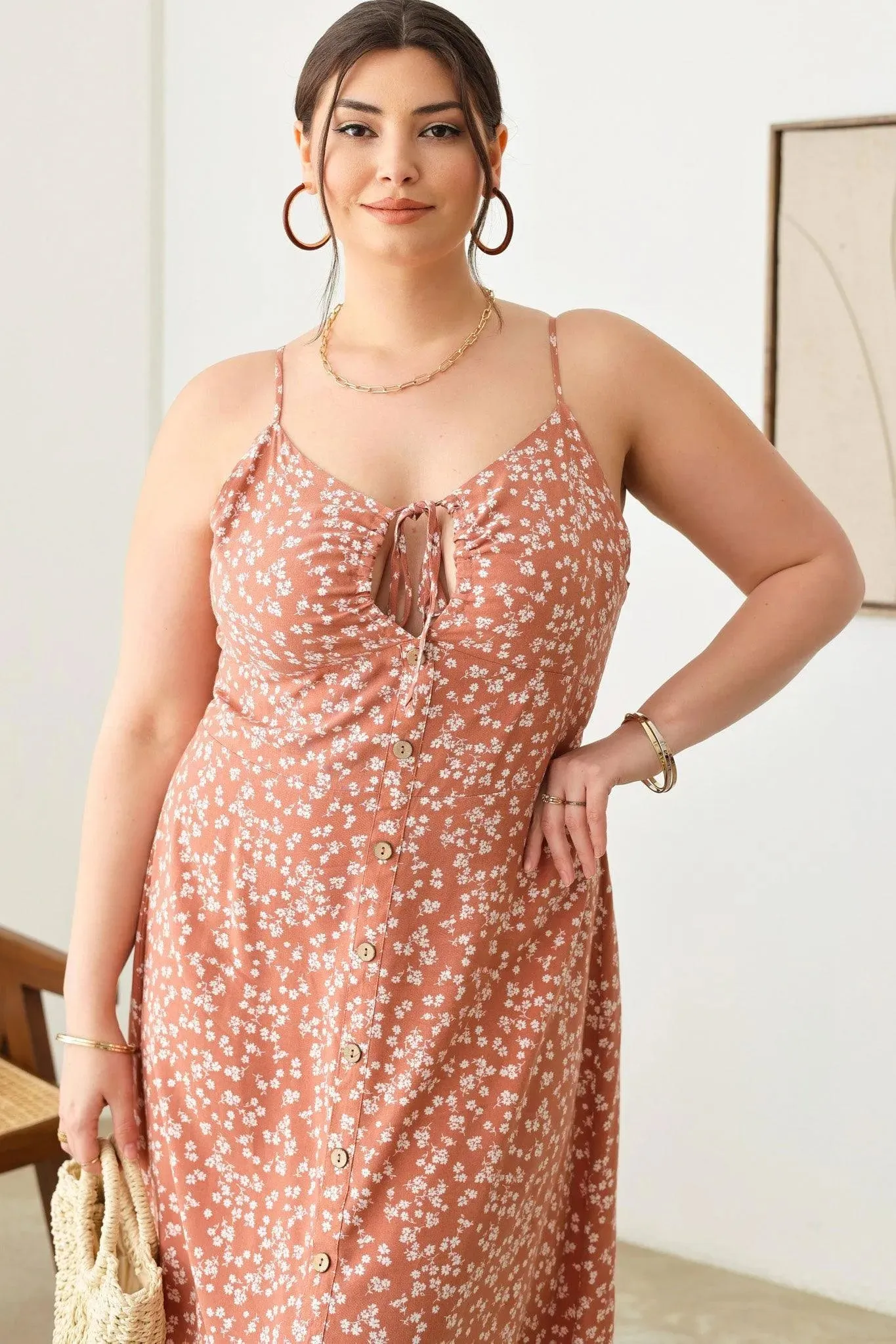 Plus Size Boho Floral buttoned Midi Dress