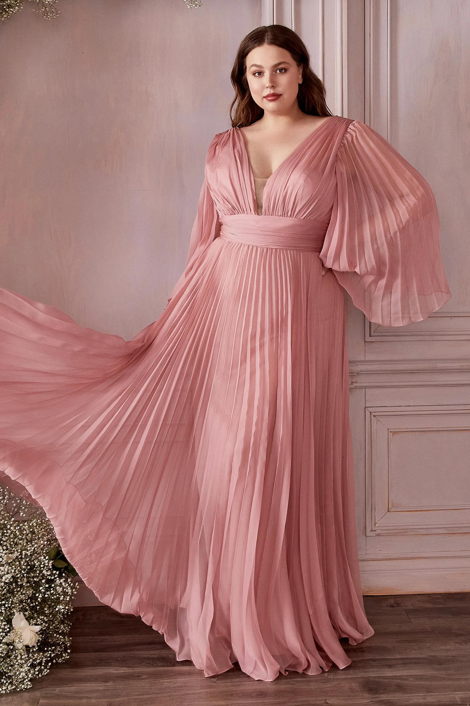 Plus Size Pleated Bell Sleeve Gown by Cinderella Divine CD242C