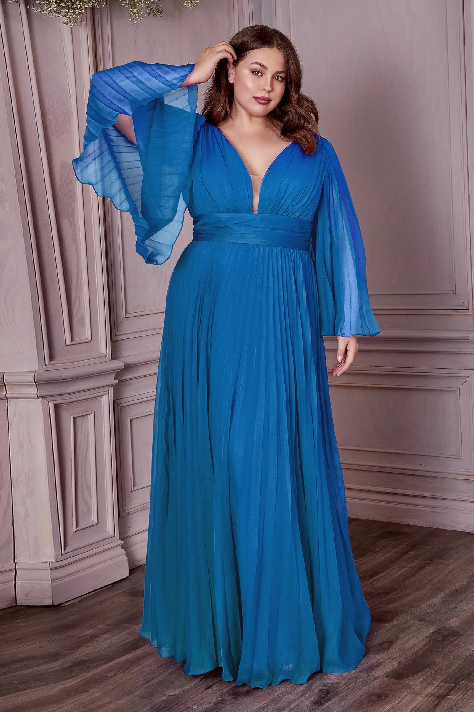 Plus Size Pleated Bell Sleeve Gown by Cinderella Divine CD242C