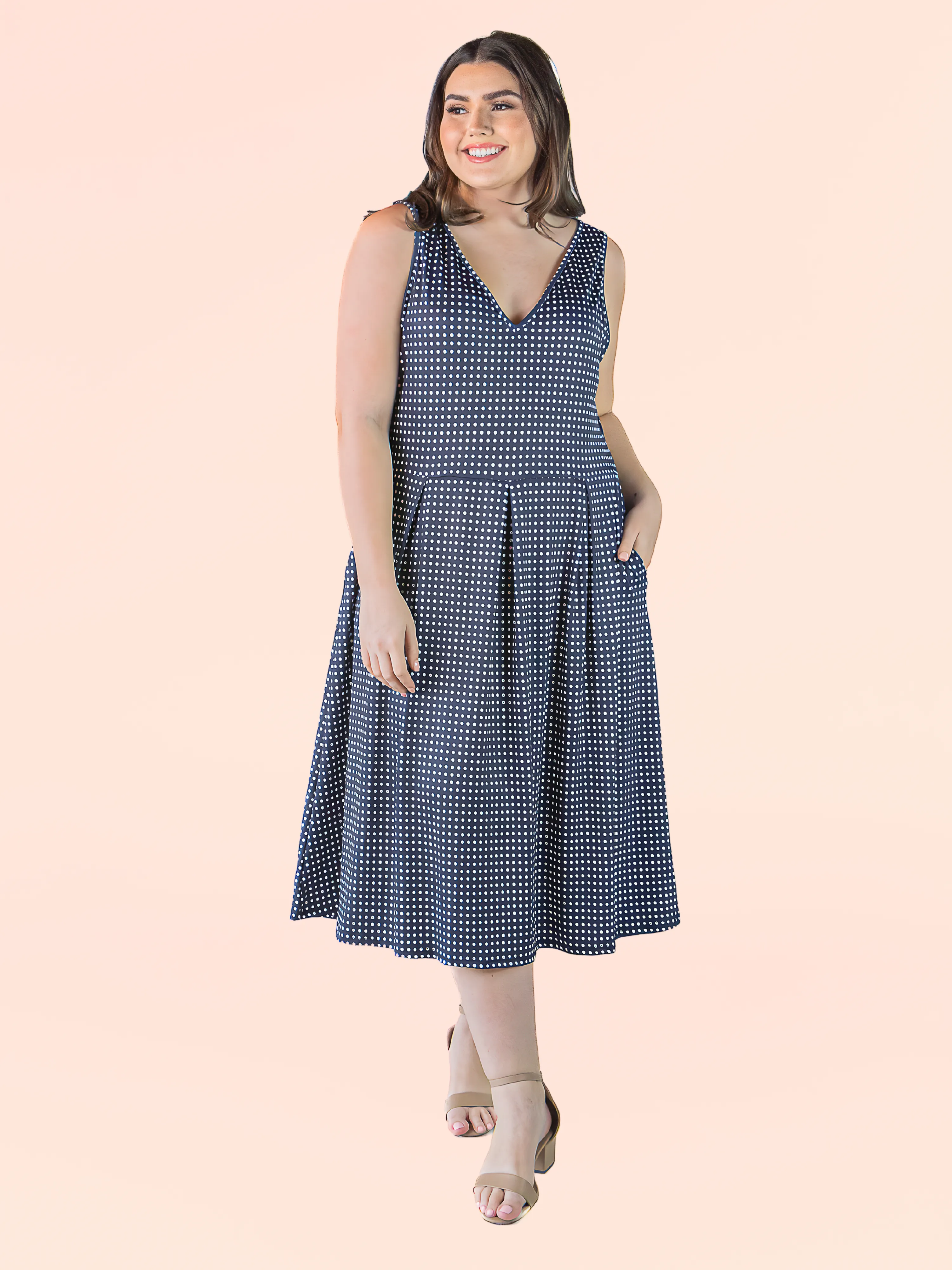 Plus Size Sleeveless Navy Polka Dot Midi Length Fit and Flare Pocket Dress