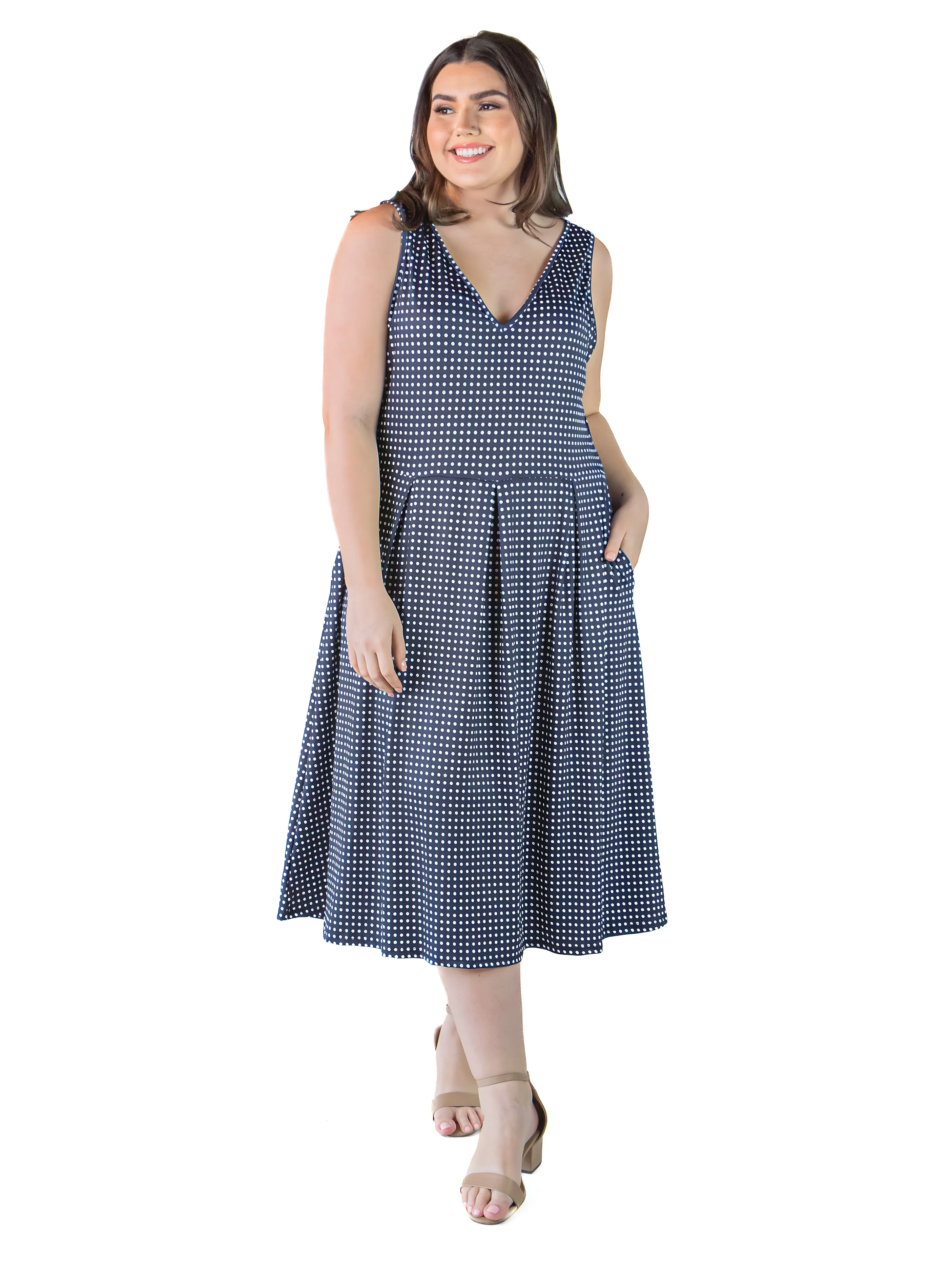 Plus Size Sleeveless Navy Polka Dot Midi Length Fit and Flare Pocket Dress