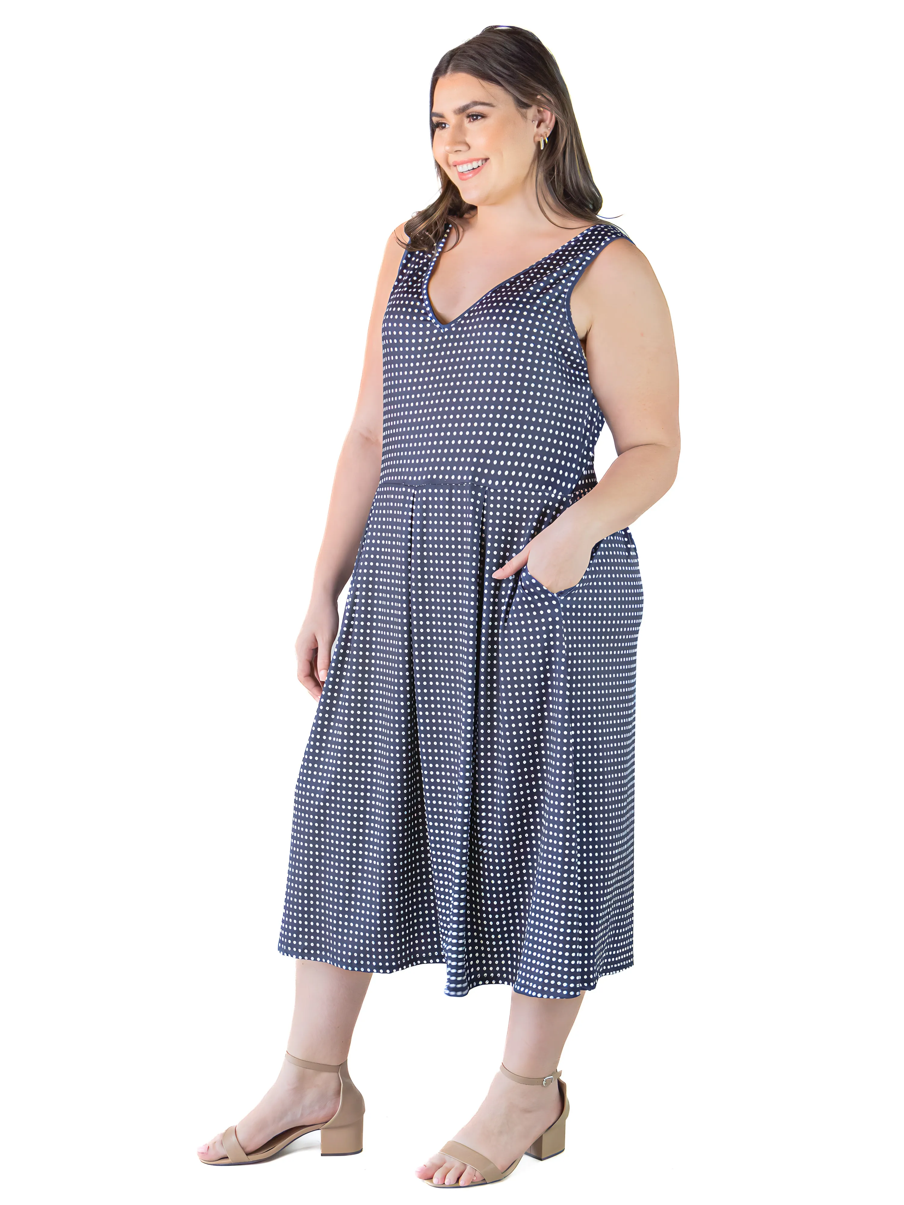 Plus Size Sleeveless Navy Polka Dot Midi Length Fit and Flare Pocket Dress