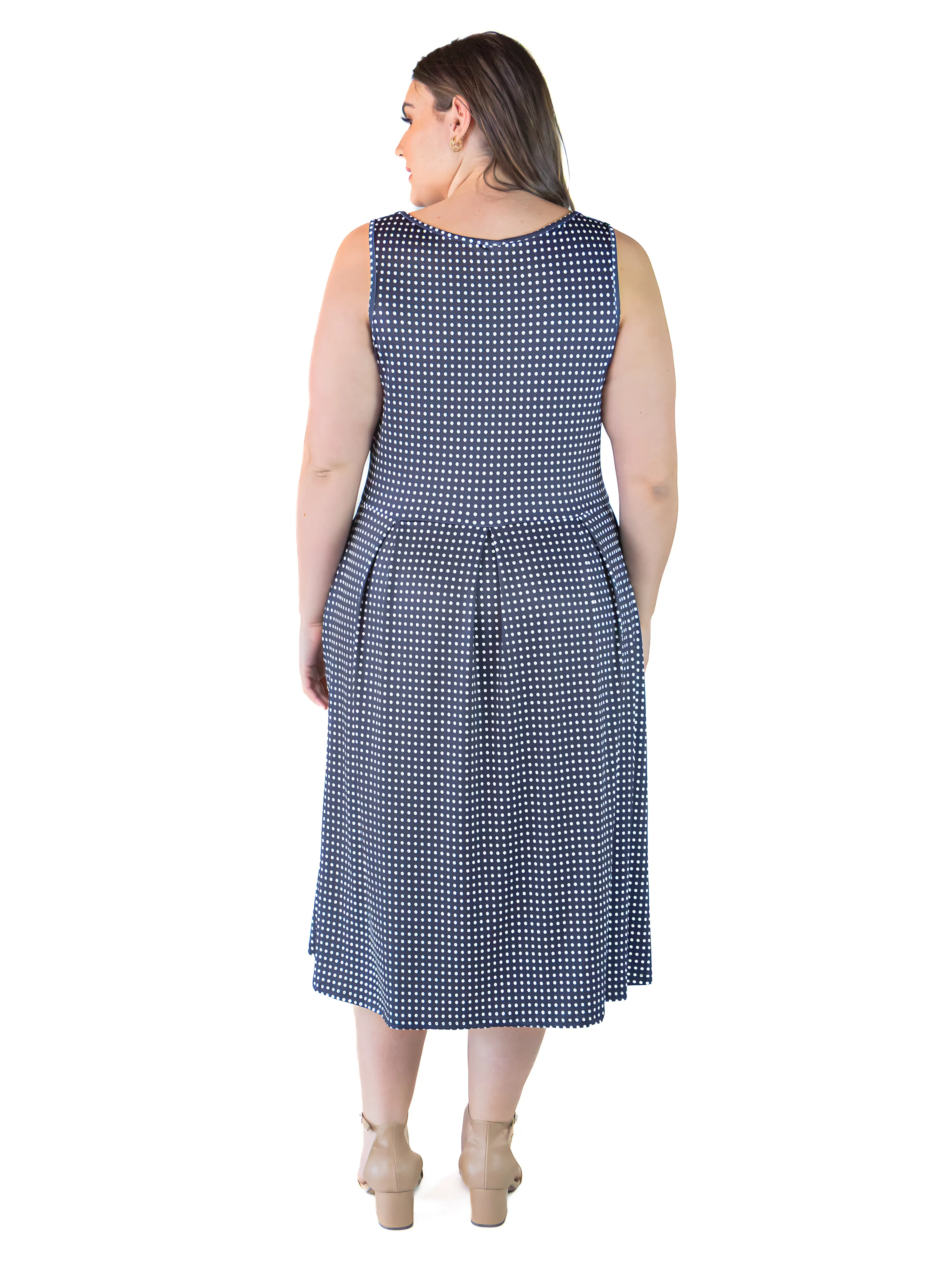 Plus Size Sleeveless Navy Polka Dot Midi Length Fit and Flare Pocket Dress