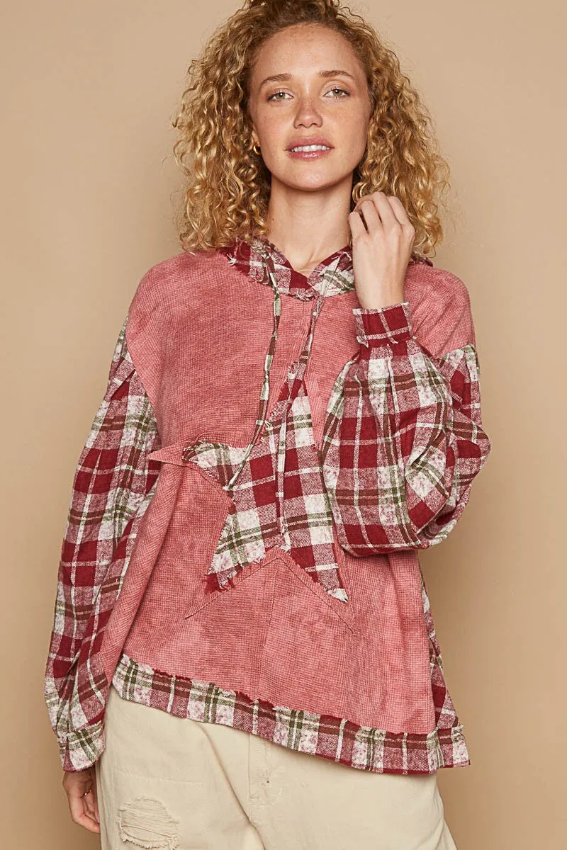 POL Redbean Plaid Star Hoodie Top