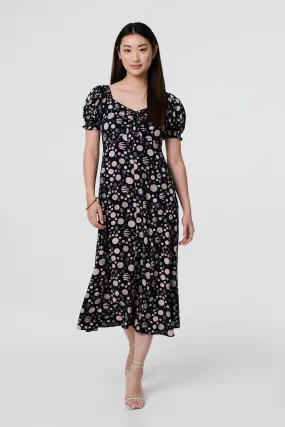 Polka Dot Print Tie Neck Midi Dress