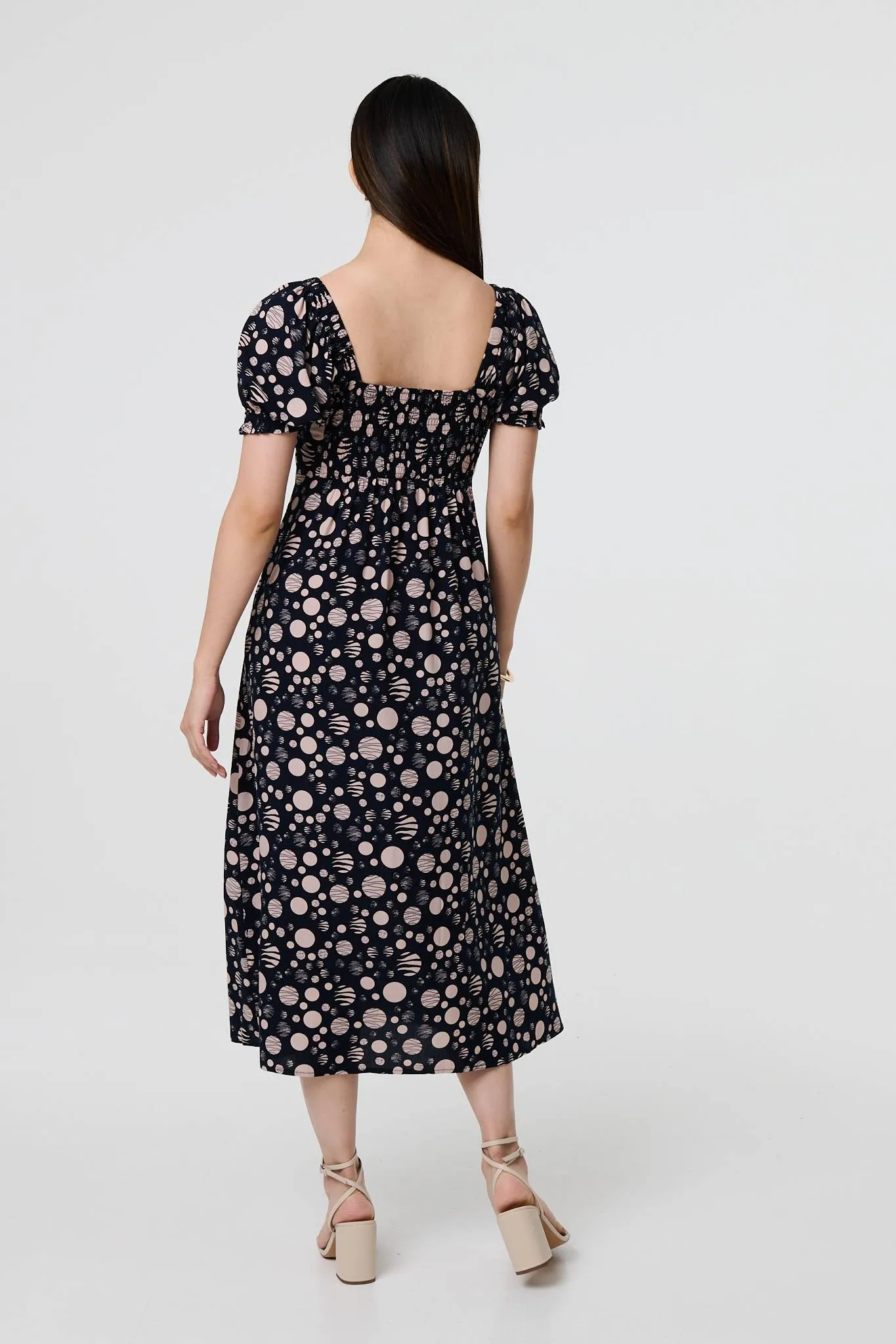 Polka Dot Print Tie Neck Midi Dress