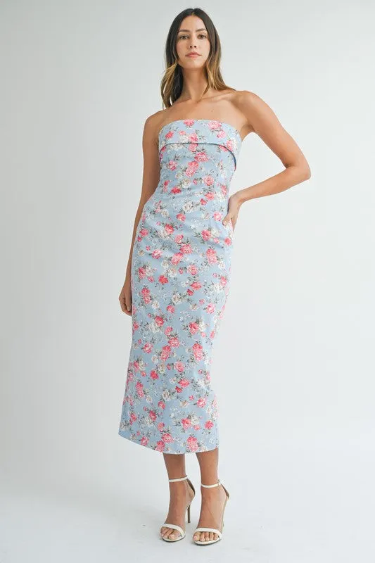 Poppy Floral Strapless Midi Dress Blue/Pink