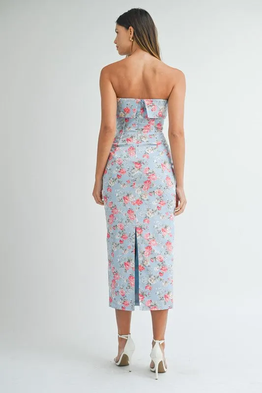 Poppy Floral Strapless Midi Dress Blue/Pink