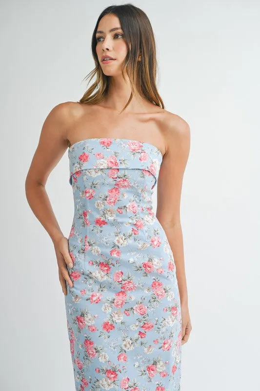 Poppy Floral Strapless Midi Dress Blue/Pink