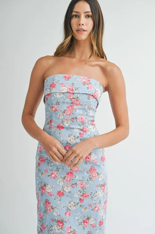 Poppy Floral Strapless Midi Dress Blue/Pink