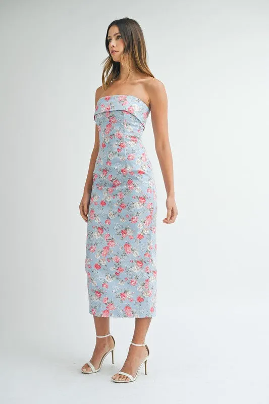 Poppy Floral Strapless Midi Dress Blue/Pink