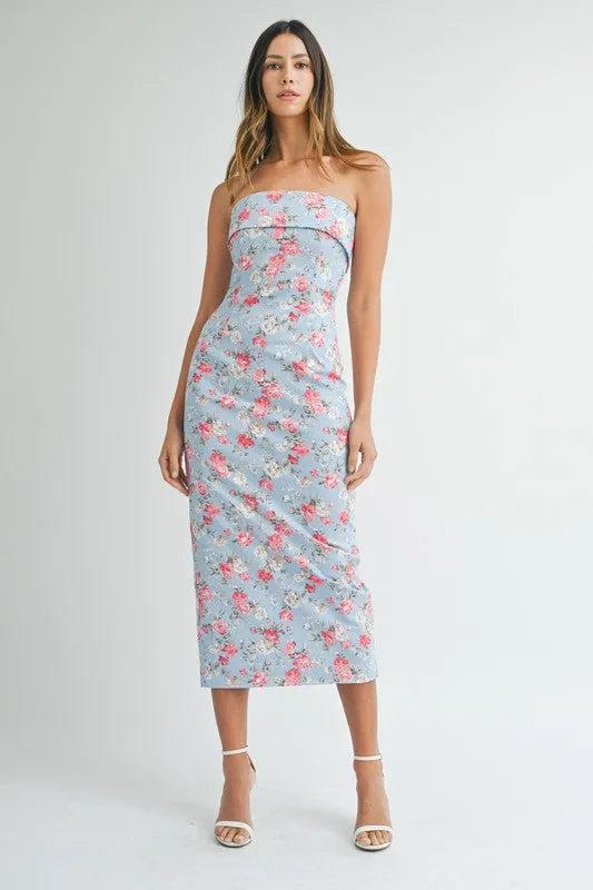 Poppy Floral Strapless Midi Dress Blue/Pink