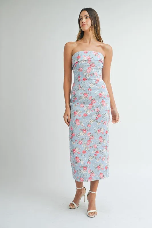 Poppy Floral Strapless Midi Dress Blue/Pink